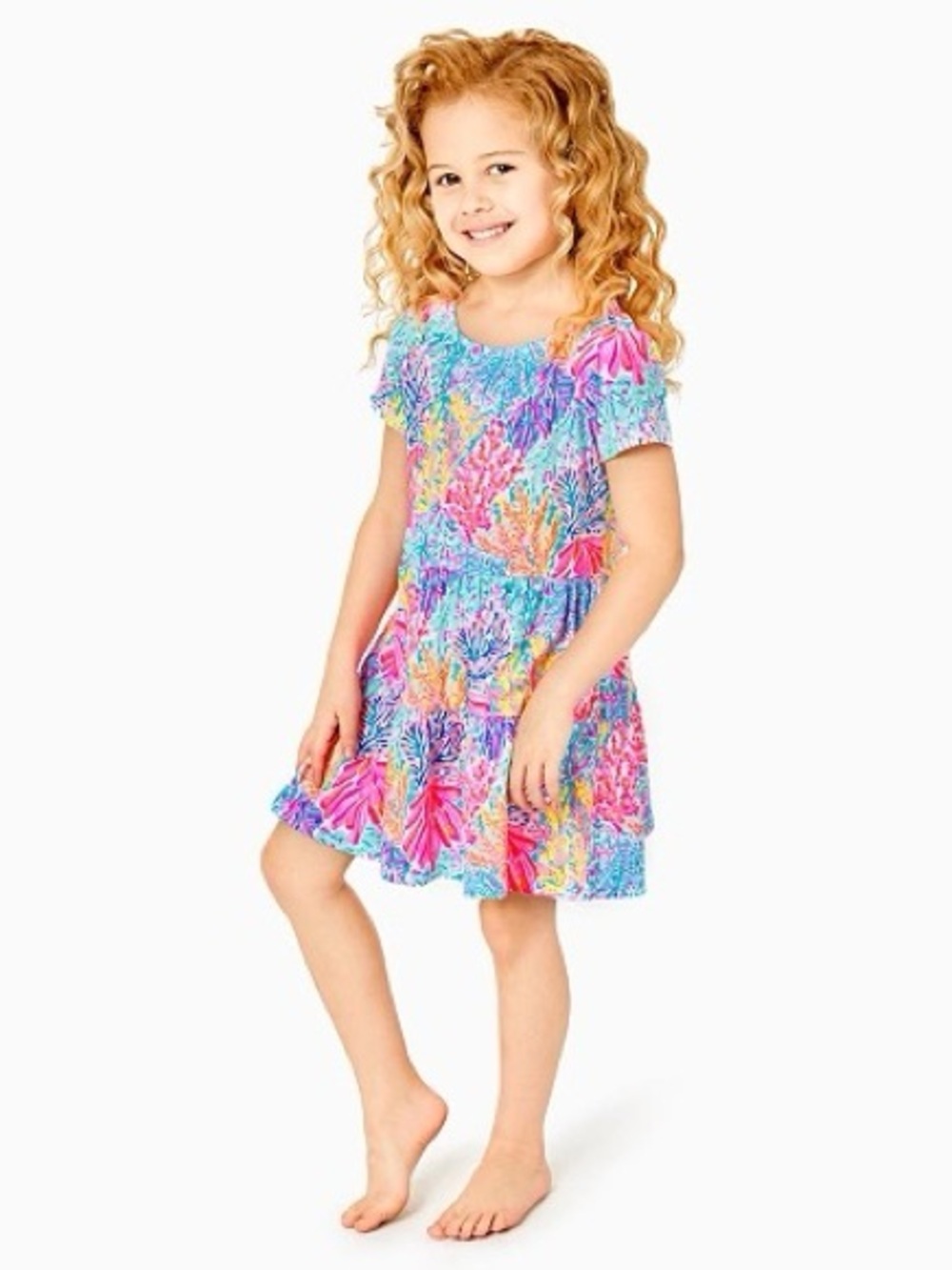 Multicolor Floral Coral-Print Short Sleeve Kids Dress